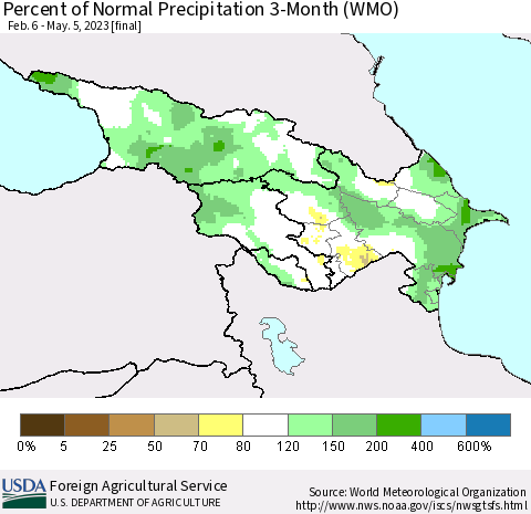 Azerbaijan, Armenia and Georgia Percent of Normal Precipitation 3-Month (WMO) Thematic Map For 2/6/2023 - 5/5/2023