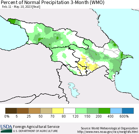 Azerbaijan, Armenia and Georgia Percent of Normal Precipitation 3-Month (WMO) Thematic Map For 2/11/2023 - 5/10/2023