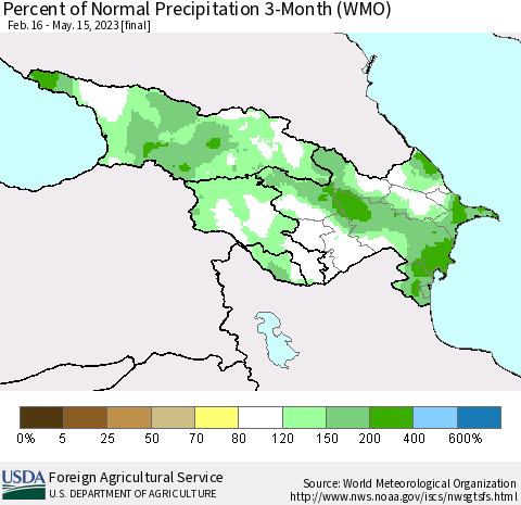 Azerbaijan, Armenia and Georgia Percent of Normal Precipitation 3-Month (WMO) Thematic Map For 2/16/2023 - 5/15/2023