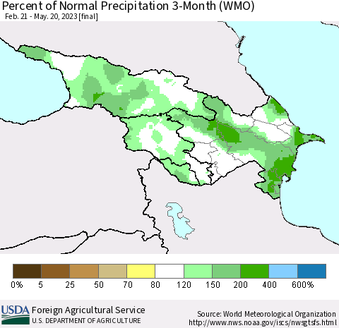 Azerbaijan, Armenia and Georgia Percent of Normal Precipitation 3-Month (WMO) Thematic Map For 2/21/2023 - 5/20/2023