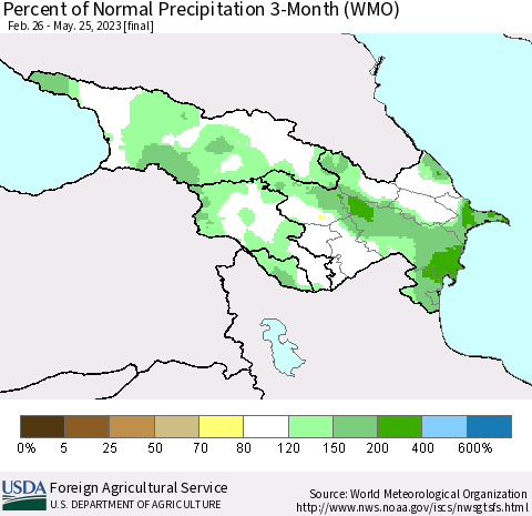 Azerbaijan, Armenia and Georgia Percent of Normal Precipitation 3-Month (WMO) Thematic Map For 2/26/2023 - 5/25/2023