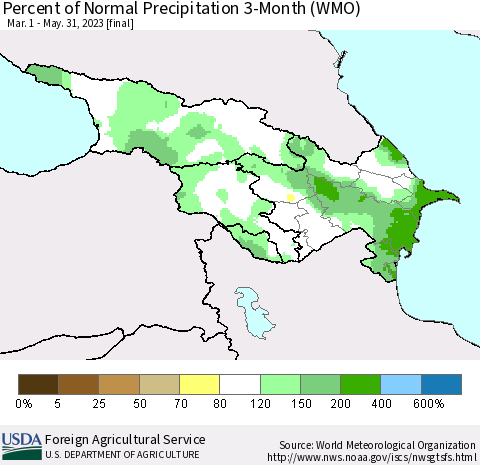 Azerbaijan, Armenia and Georgia Percent of Normal Precipitation 3-Month (WMO) Thematic Map For 3/1/2023 - 5/31/2023
