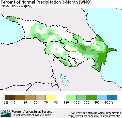 Azerbaijan, Armenia and Georgia Percent of Normal Precipitation 3-Month (WMO) Thematic Map For 3/6/2023 - 6/5/2023