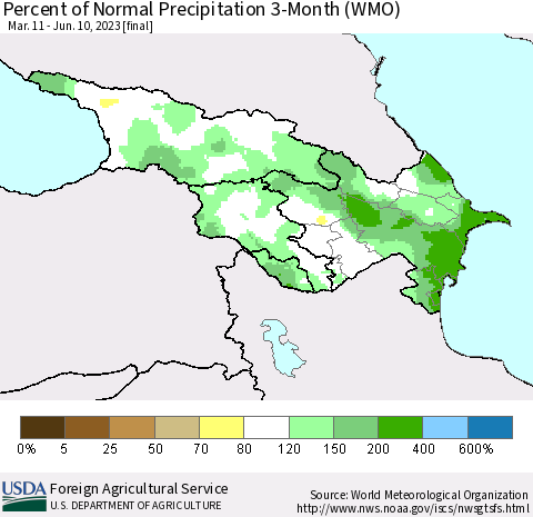 Azerbaijan, Armenia and Georgia Percent of Normal Precipitation 3-Month (WMO) Thematic Map For 3/11/2023 - 6/10/2023
