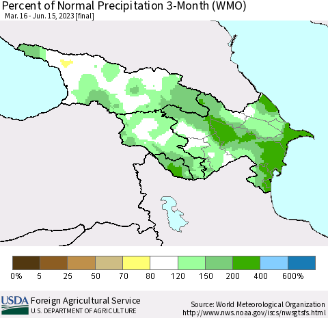 Azerbaijan, Armenia and Georgia Percent of Normal Precipitation 3-Month (WMO) Thematic Map For 3/16/2023 - 6/15/2023