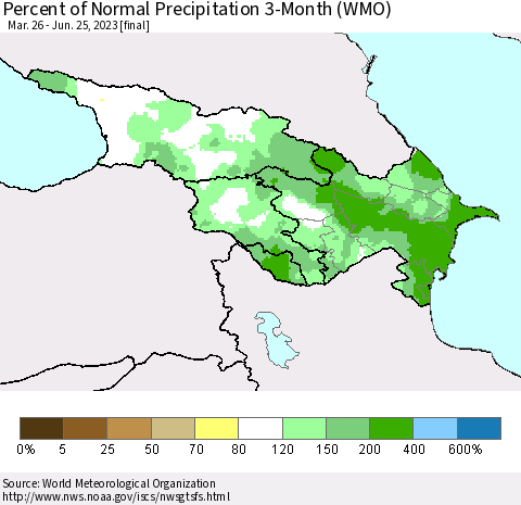 Azerbaijan, Armenia and Georgia Percent of Normal Precipitation 3-Month (WMO) Thematic Map For 3/26/2023 - 6/25/2023