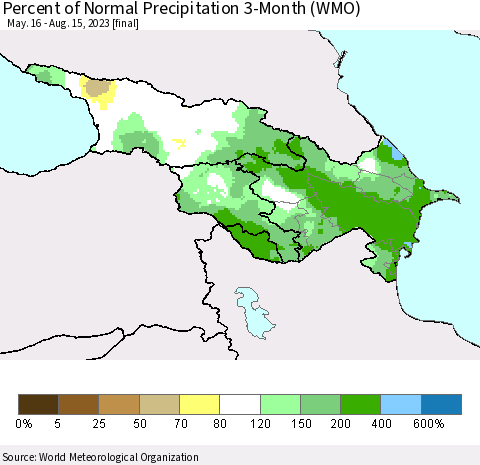 Azerbaijan, Armenia and Georgia Percent of Normal Precipitation 3-Month (WMO) Thematic Map For 5/16/2023 - 8/15/2023