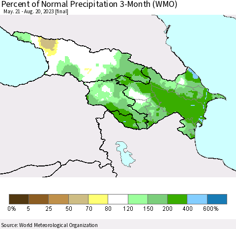 Azerbaijan, Armenia and Georgia Percent of Normal Precipitation 3-Month (WMO) Thematic Map For 5/21/2023 - 8/20/2023