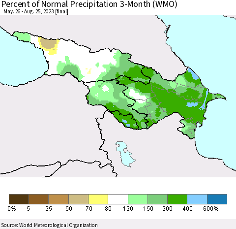 Azerbaijan, Armenia and Georgia Percent of Normal Precipitation 3-Month (WMO) Thematic Map For 5/26/2023 - 8/25/2023