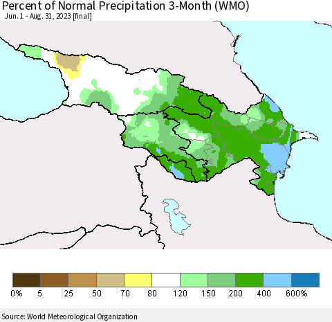 Azerbaijan, Armenia and Georgia Percent of Normal Precipitation 3-Month (WMO) Thematic Map For 6/1/2023 - 8/31/2023