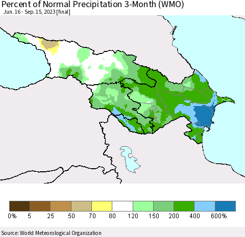 Azerbaijan, Armenia and Georgia Percent of Normal Precipitation 3-Month (WMO) Thematic Map For 6/16/2023 - 9/15/2023