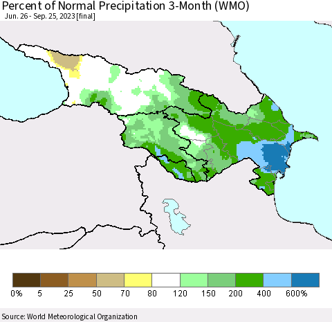 Azerbaijan, Armenia and Georgia Percent of Normal Precipitation 3-Month (WMO) Thematic Map For 6/26/2023 - 9/25/2023