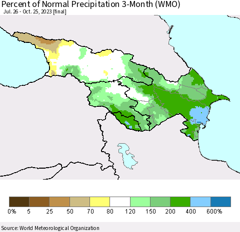 Azerbaijan, Armenia and Georgia Percent of Normal Precipitation 3-Month (WMO) Thematic Map For 7/26/2023 - 10/25/2023