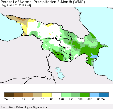 Azerbaijan, Armenia and Georgia Percent of Normal Precipitation 3-Month (WMO) Thematic Map For 8/1/2023 - 10/31/2023
