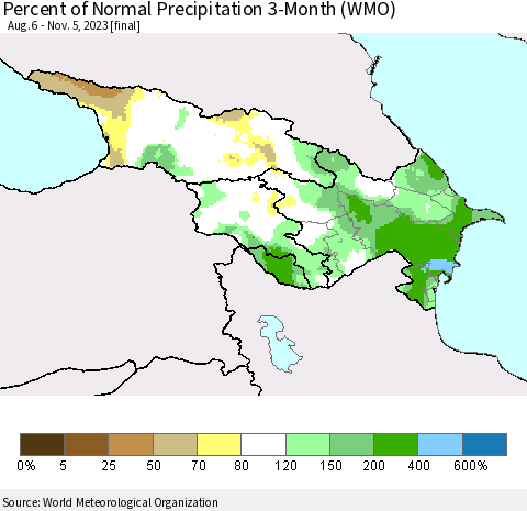 Azerbaijan, Armenia and Georgia Percent of Normal Precipitation 3-Month (WMO) Thematic Map For 8/6/2023 - 11/5/2023