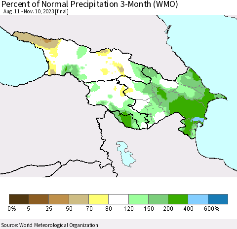 Azerbaijan, Armenia and Georgia Percent of Normal Precipitation 3-Month (WMO) Thematic Map For 8/11/2023 - 11/10/2023