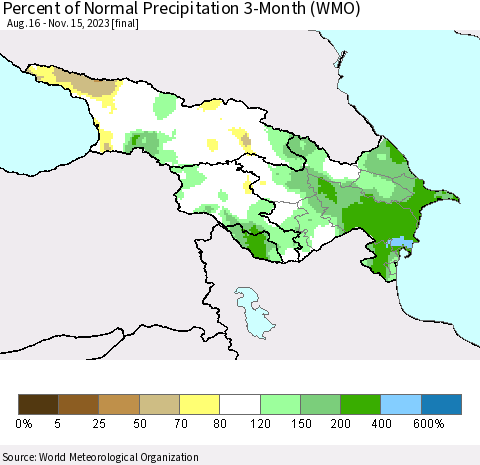 Azerbaijan, Armenia and Georgia Percent of Normal Precipitation 3-Month (WMO) Thematic Map For 8/16/2023 - 11/15/2023
