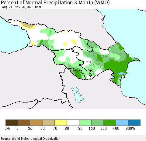 Azerbaijan, Armenia and Georgia Percent of Normal Precipitation 3-Month (WMO) Thematic Map For 8/21/2023 - 11/20/2023