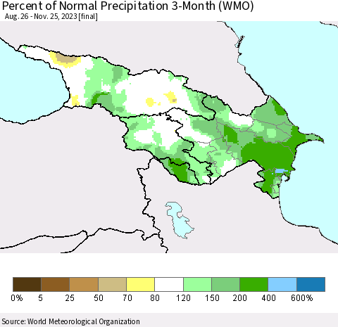 Azerbaijan, Armenia and Georgia Percent of Normal Precipitation 3-Month (WMO) Thematic Map For 8/26/2023 - 11/25/2023