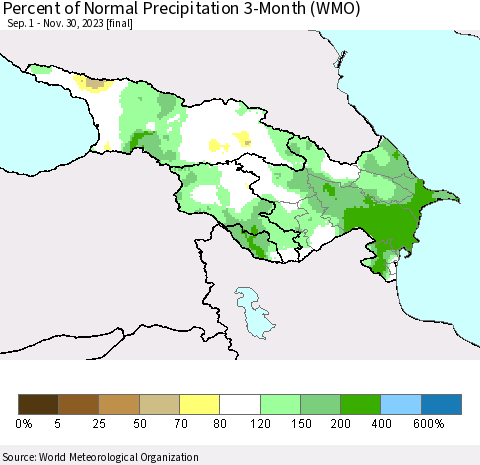 Azerbaijan, Armenia and Georgia Percent of Normal Precipitation 3-Month (WMO) Thematic Map For 9/1/2023 - 11/30/2023