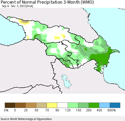 Azerbaijan, Armenia and Georgia Percent of Normal Precipitation 3-Month (WMO) Thematic Map For 9/6/2023 - 12/5/2023