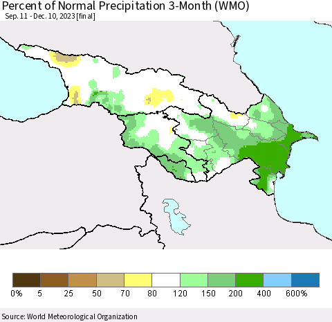 Azerbaijan, Armenia and Georgia Percent of Normal Precipitation 3-Month (WMO) Thematic Map For 9/11/2023 - 12/10/2023