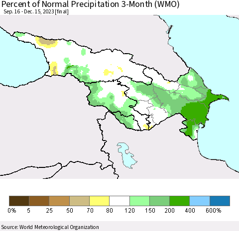 Azerbaijan, Armenia and Georgia Percent of Normal Precipitation 3-Month (WMO) Thematic Map For 9/16/2023 - 12/15/2023