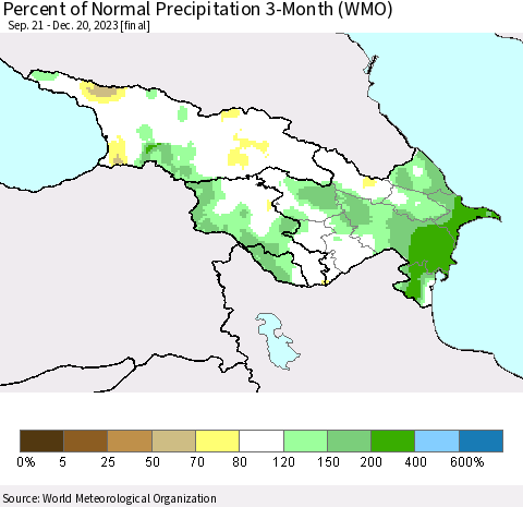 Azerbaijan, Armenia and Georgia Percent of Normal Precipitation 3-Month (WMO) Thematic Map For 9/21/2023 - 12/20/2023
