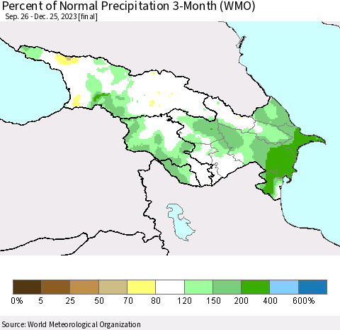 Azerbaijan, Armenia and Georgia Percent of Normal Precipitation 3-Month (WMO) Thematic Map For 9/26/2023 - 12/25/2023