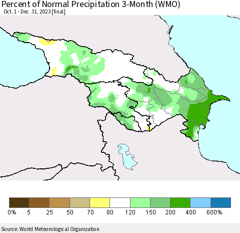 Azerbaijan, Armenia and Georgia Percent of Normal Precipitation 3-Month (WMO) Thematic Map For 10/1/2023 - 12/31/2023