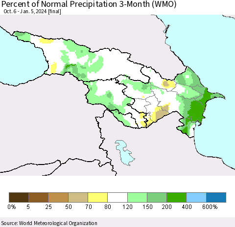 Azerbaijan, Armenia and Georgia Percent of Normal Precipitation 3-Month (WMO) Thematic Map For 10/6/2023 - 1/5/2024