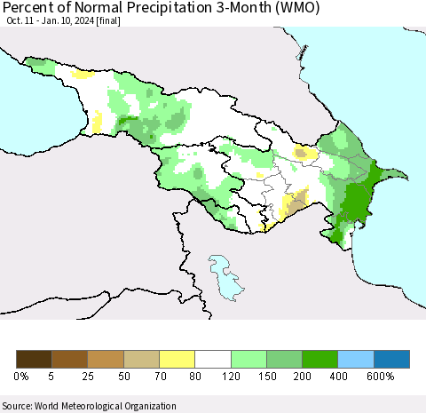 Azerbaijan, Armenia and Georgia Percent of Normal Precipitation 3-Month (WMO) Thematic Map For 10/11/2023 - 1/10/2024
