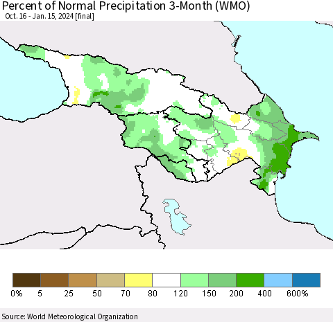 Azerbaijan, Armenia and Georgia Percent of Normal Precipitation 3-Month (WMO) Thematic Map For 10/16/2023 - 1/15/2024
