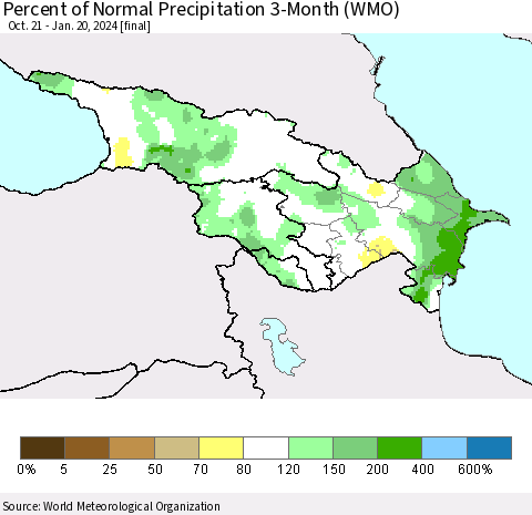 Azerbaijan, Armenia and Georgia Percent of Normal Precipitation 3-Month (WMO) Thematic Map For 10/21/2023 - 1/20/2024