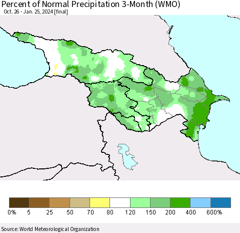 Azerbaijan, Armenia and Georgia Percent of Normal Precipitation 3-Month (WMO) Thematic Map For 10/26/2023 - 1/25/2024
