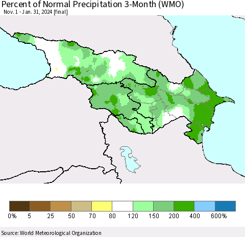 Azerbaijan, Armenia and Georgia Percent of Normal Precipitation 3-Month (WMO) Thematic Map For 11/1/2023 - 1/31/2024