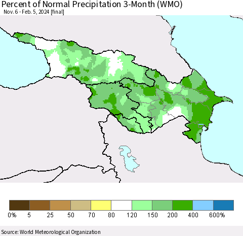 Azerbaijan, Armenia and Georgia Percent of Normal Precipitation 3-Month (WMO) Thematic Map For 11/6/2023 - 2/5/2024