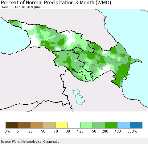 Azerbaijan, Armenia and Georgia Percent of Normal Precipitation 3-Month (WMO) Thematic Map For 11/11/2023 - 2/10/2024