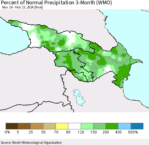 Azerbaijan, Armenia and Georgia Percent of Normal Precipitation 3-Month (WMO) Thematic Map For 11/16/2023 - 2/15/2024