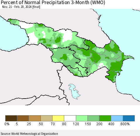 Azerbaijan, Armenia and Georgia Percent of Normal Precipitation 3-Month (WMO) Thematic Map For 11/21/2023 - 2/20/2024