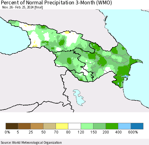 Azerbaijan, Armenia and Georgia Percent of Normal Precipitation 3-Month (WMO) Thematic Map For 11/26/2023 - 2/25/2024