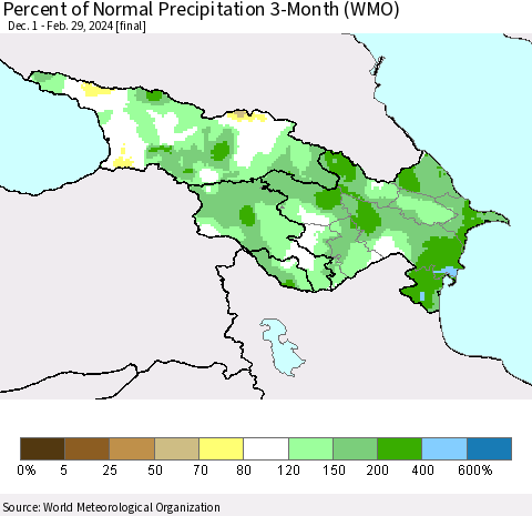 Azerbaijan, Armenia and Georgia Percent of Normal Precipitation 3-Month (WMO) Thematic Map For 12/1/2023 - 2/29/2024