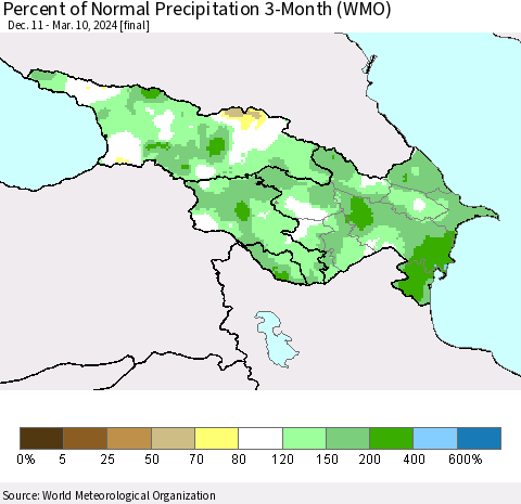 Azerbaijan, Armenia and Georgia Percent of Normal Precipitation 3-Month (WMO) Thematic Map For 12/11/2023 - 3/10/2024