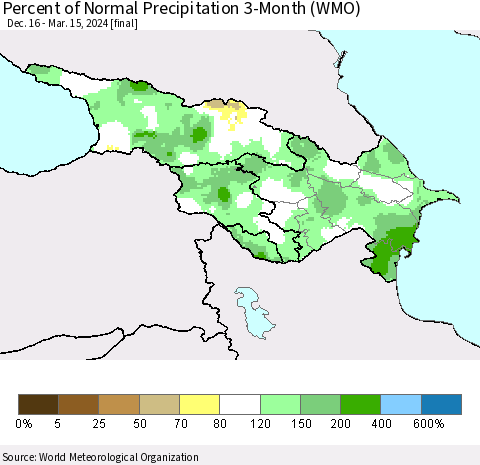 Azerbaijan, Armenia and Georgia Percent of Normal Precipitation 3-Month (WMO) Thematic Map For 12/16/2023 - 3/15/2024