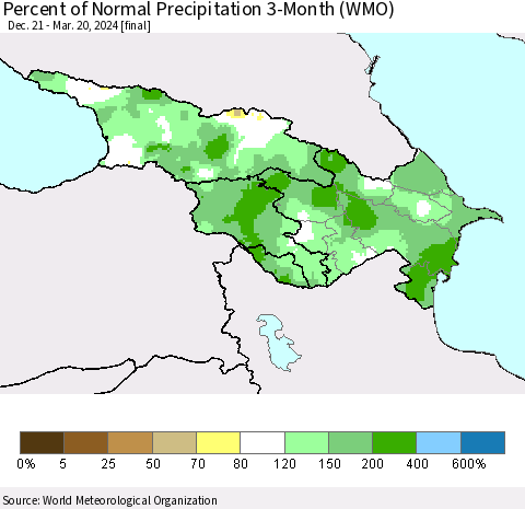 Azerbaijan, Armenia and Georgia Percent of Normal Precipitation 3-Month (WMO) Thematic Map For 12/21/2023 - 3/20/2024
