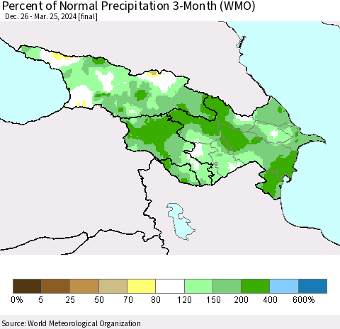 Azerbaijan, Armenia and Georgia Percent of Normal Precipitation 3-Month (WMO) Thematic Map For 12/26/2023 - 3/25/2024