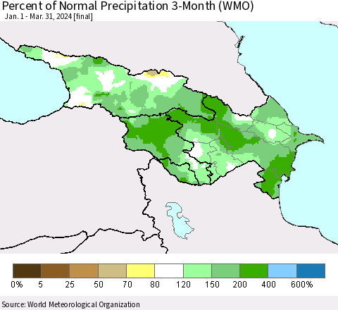 Azerbaijan, Armenia and Georgia Percent of Normal Precipitation 3-Month (WMO) Thematic Map For 1/1/2024 - 3/31/2024