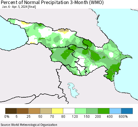 Azerbaijan, Armenia and Georgia Percent of Normal Precipitation 3-Month (WMO) Thematic Map For 1/6/2024 - 4/5/2024