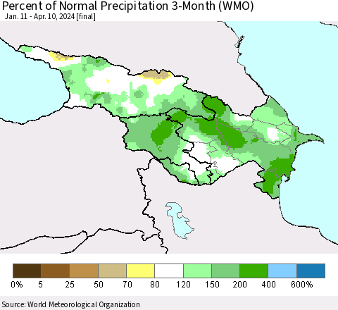 Azerbaijan, Armenia and Georgia Percent of Normal Precipitation 3-Month (WMO) Thematic Map For 1/11/2024 - 4/10/2024