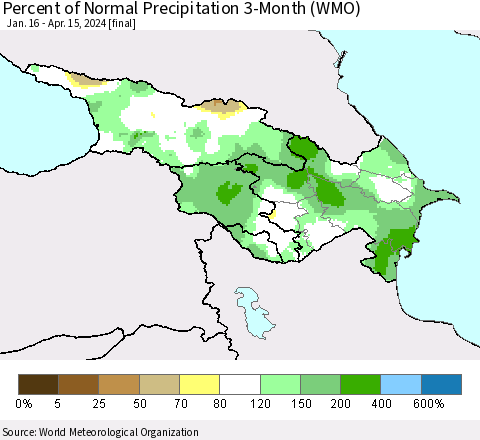 Azerbaijan, Armenia and Georgia Percent of Normal Precipitation 3-Month (WMO) Thematic Map For 1/16/2024 - 4/15/2024